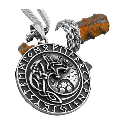 Viking Wolf and Vegvisir Pendant with Rope Chain, Stainless Steel