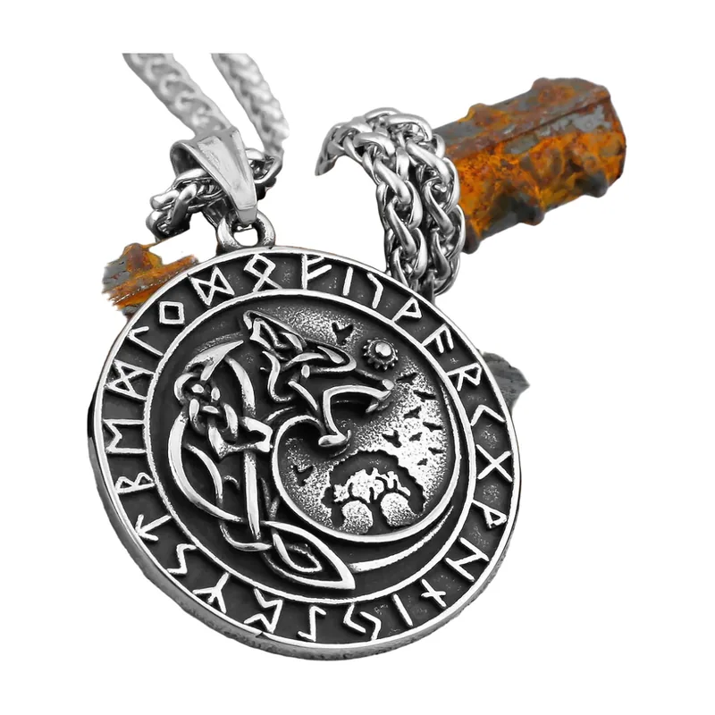 Wikinger Wolf und Vegvisir Anhänger mit Kette, Edelstahl