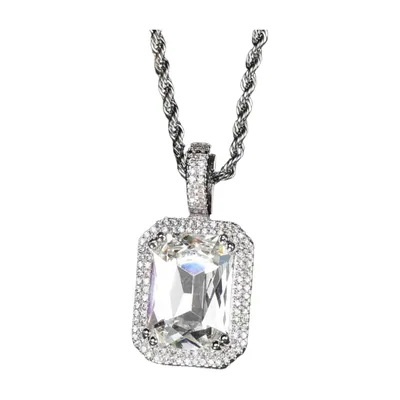 Collana con Pendente Rettangolare e Zirconia, Acciaio Inossidabile