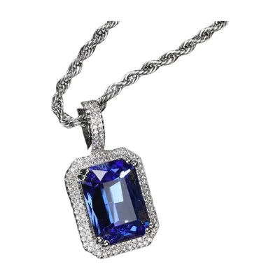 Collana con Pendente Rettangolare e Pietra Blu, Acciaio Inossidabile