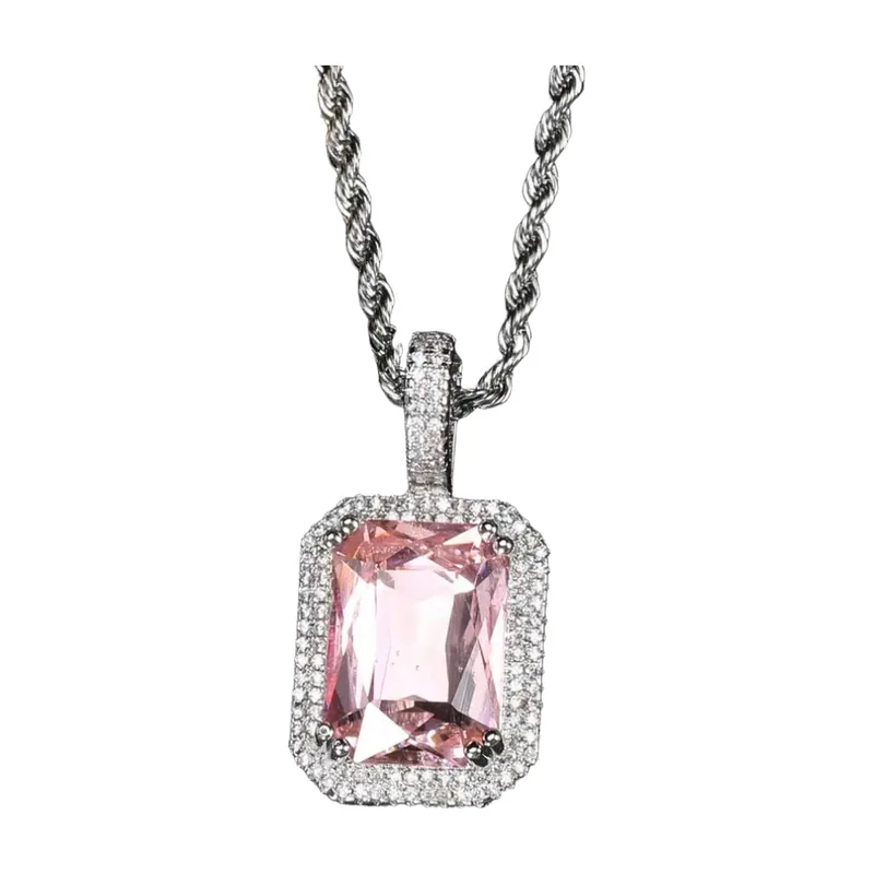 Collier Pendentif Rectangulaire avec Pierre Rose, Acier Inoxydable
