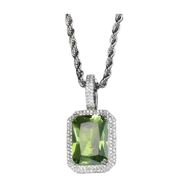 Collana con Pendente Rettangolare e Pietra Verde, Acciaio Inossidabile