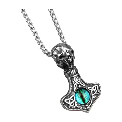 Skull and Axe Pendant with Blue Stone, Stainless Steel
