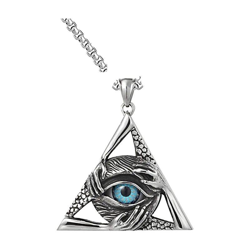 Pendentif Triangle Œil Protecteur avec Pierre Bleue, Acier Inoxydable