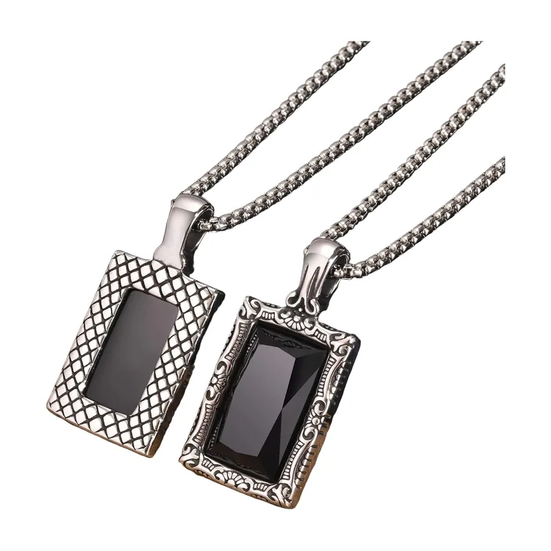 Geometric Rectangle Pendant with Black Stone, Stainless Steel