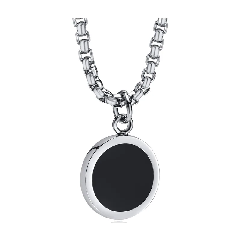 Round Pendant Necklace with Black Stone, Stainless Steel