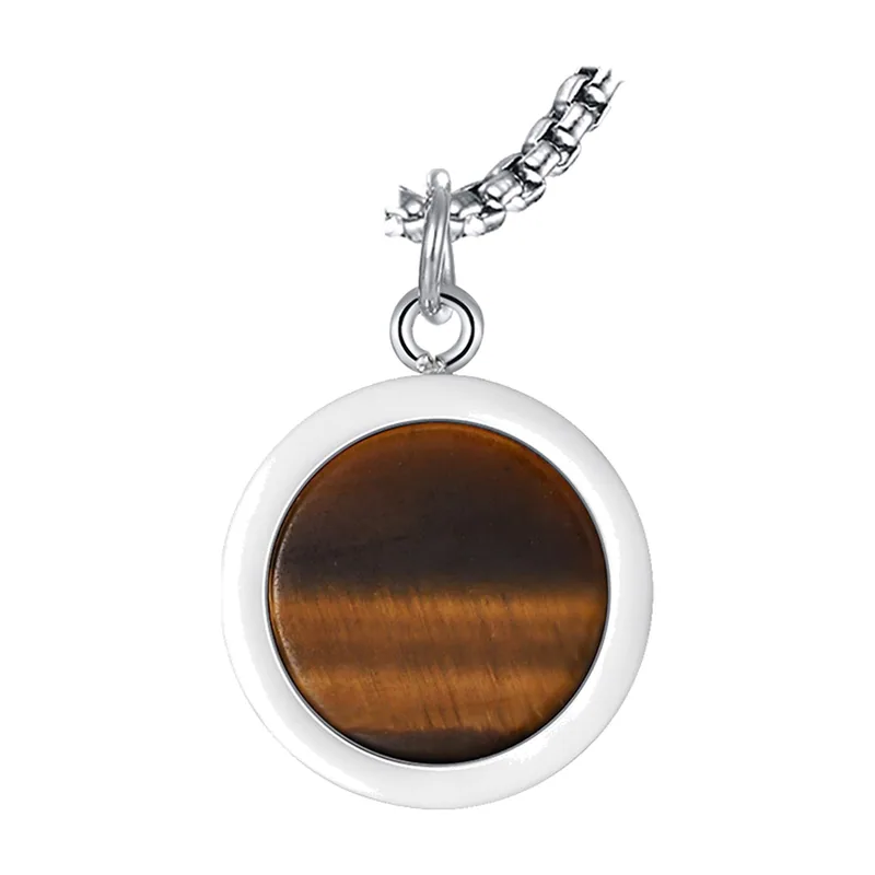 Collier avec Pendentif Rond et Pierre Brune, Acier Inoxydable