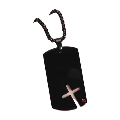 Colgante Dog Tag con Cruz y Piedra Roja, Acero Inoxidable