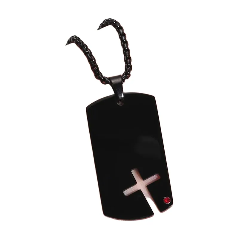 Dog Tag Anhänger mit Kreuz und rotem Stein, Edelstahl