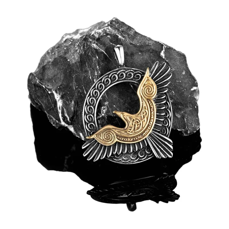 Wikinger Raben-Anhänger mit Vegvisir Kompass, Edelstahl