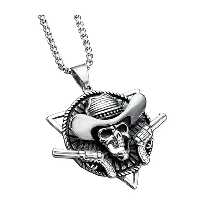 Cowboy Skull Pendant with Revolvers, Stainless Steel