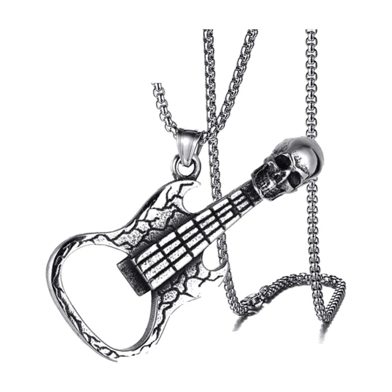 Collana con Pendente Chitarra e Teschio e Apribottiglie, Acciaio Inossidabile