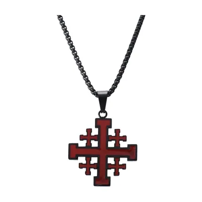 Pendentif Croix de Jérusalem avec Pierres Rouges, Acier Inoxydable