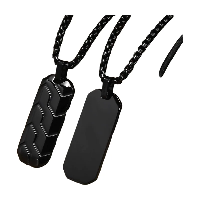 Geometric Tire Pattern Bar Pendant with Box Chain, Stainless Steel