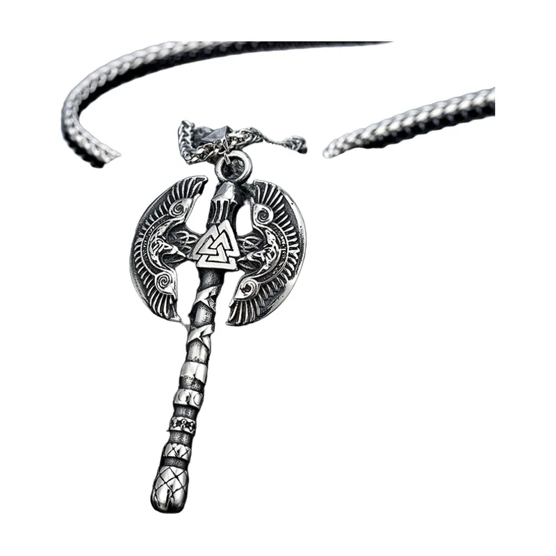 Wikinger Axt Anhänger mit Valknut und Odins Raben, Edelstahl