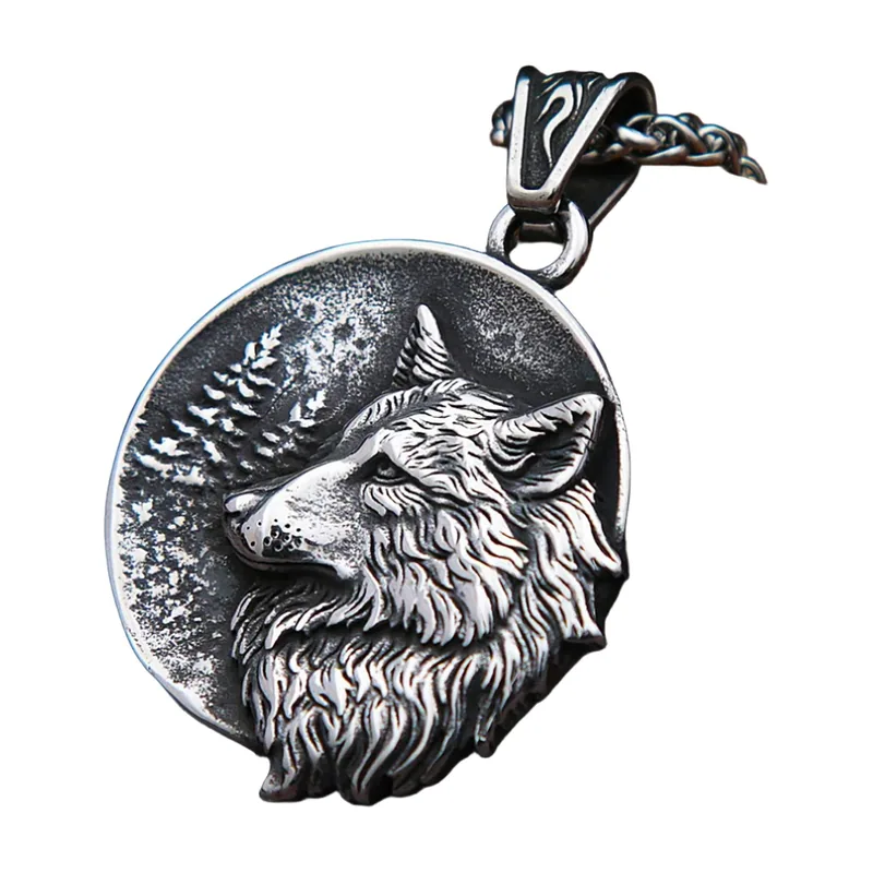 Wikinger Wolfskopf Anhänger mit Wald-Motiv, Edelstahl