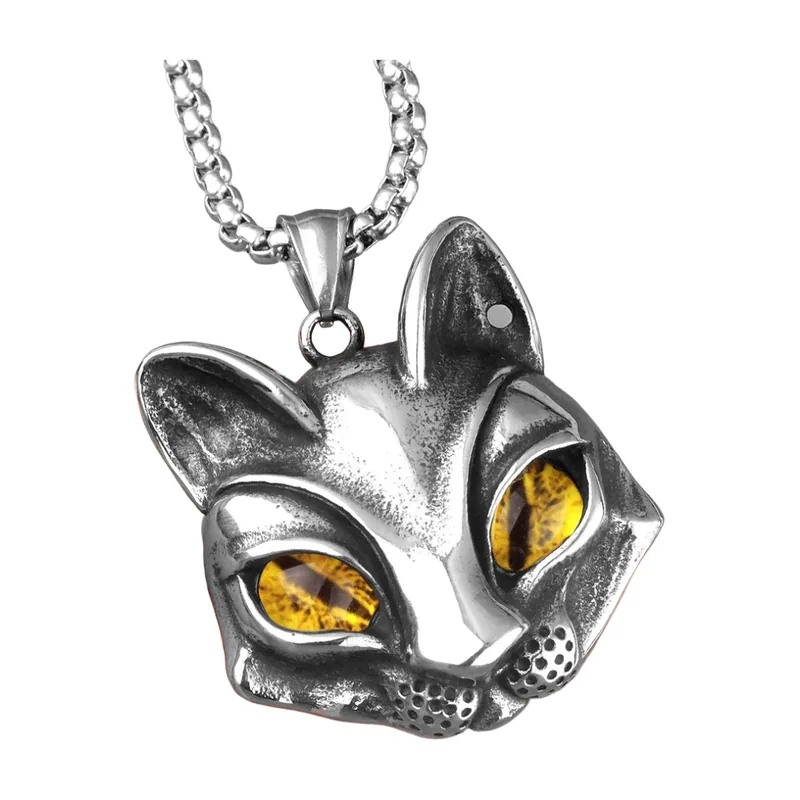 Colgante de Cabeza de Gato con Piedras Amarillas, Acero Inoxidable