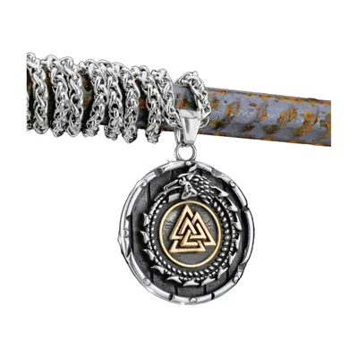 Valknut Pendant Necklace with Dragon Motif, Stainless Steel