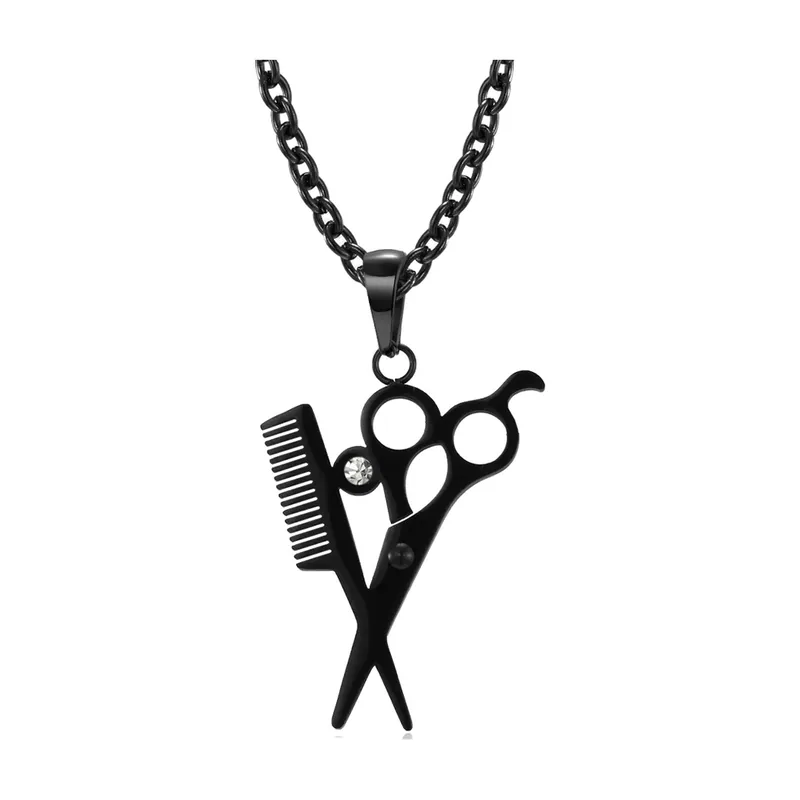 Barber Scissors and Comb Pendant with Cubic Zirconia, Stainless Steel