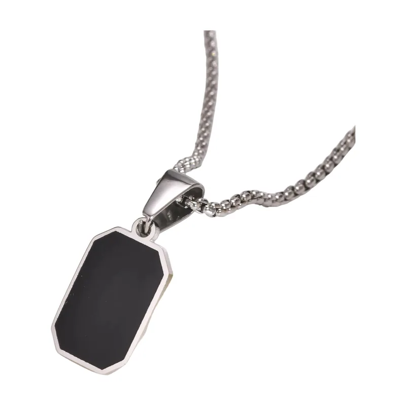 Pendentif Dog Tag Géométrique avec Incrustation Noire, Acier Inoxydable