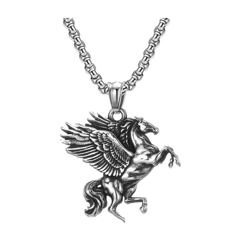 Pegasus Winged Horse Pendant with Curb Chain, Stainless Steel