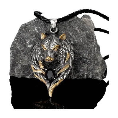 Fenrir Wolf Pendant with Black Stone, Stainless Steel