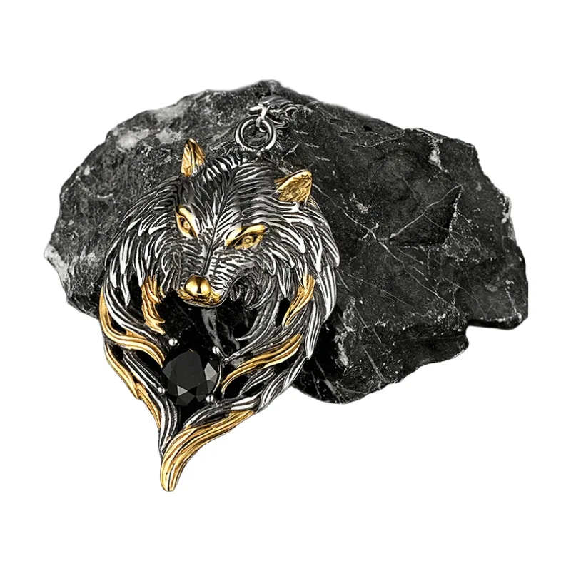 Fenrir Wolf Anhänger mit schwarzem Stein, Edelstahl