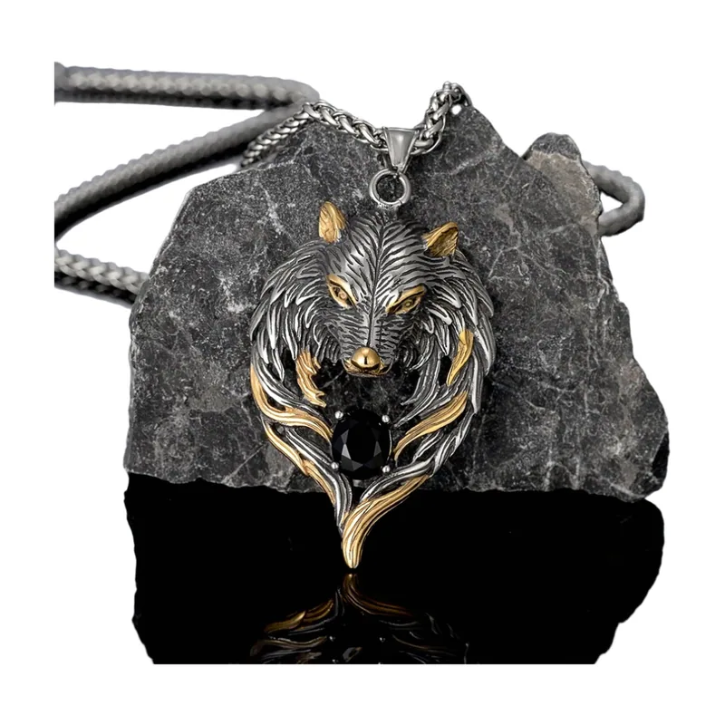 Fenrir Wolf Anhänger mit schwarzem Stein, 316L Edelstahl