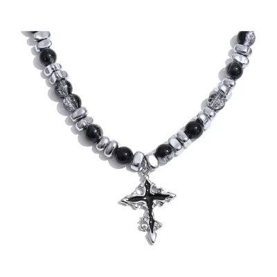 Colgante de Cruz con Cuentas de Piedra Negra, Acero Inoxidable