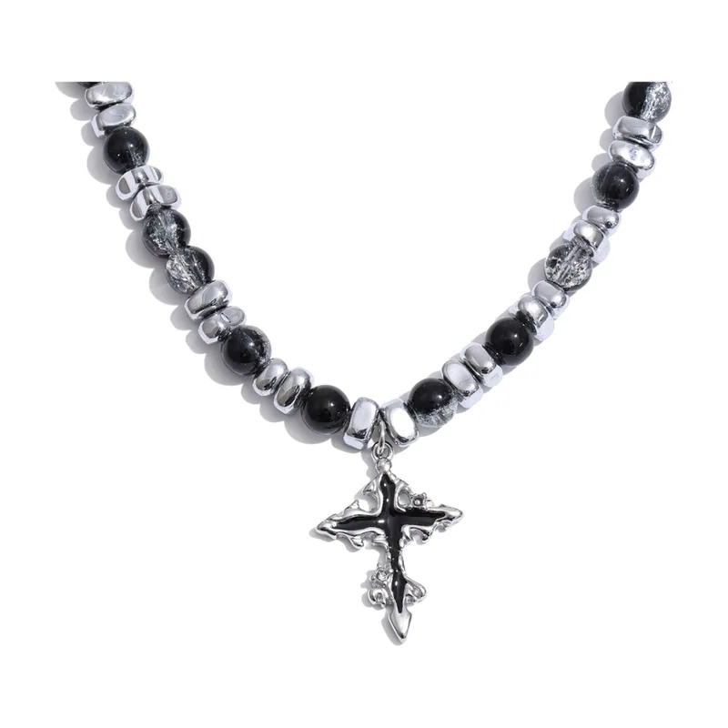 Colgante de Cruz con Cuentas de Piedra Negra, Acero Inoxidable