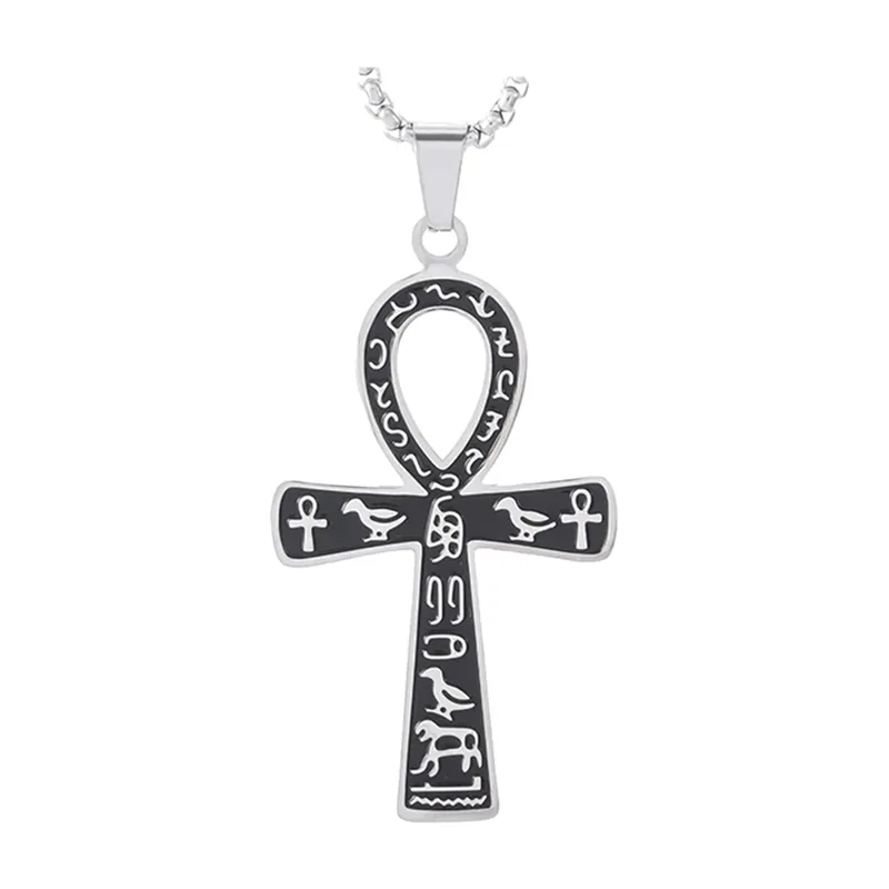 Ankh Anhänger mit ägyptischen Hieroglyphen, Edelstahl
