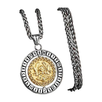 Rotating Odin and Rune Pendant with Curb Chain, Stainless Steel