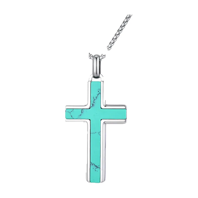 Collana con Croce e Pietra Turchese, Acciaio Inossidabile