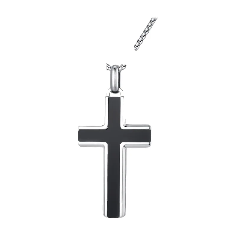 Collana con Croce e Onice Nero, Acciaio Inossidabile