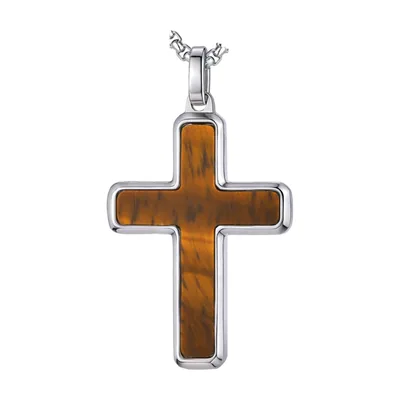 Collier Croix avec Pierre Brune, Acier Inoxydable