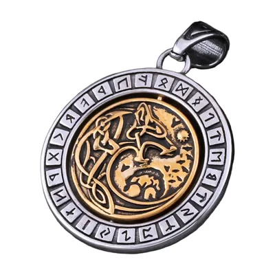 Rotierender Wolf und Yggdrasil Anhänger mit Runen, Edelstahl