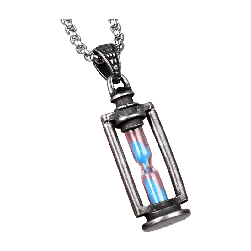 Collier Pendentif Sablier avec Effet Sable Bleu, Acier Inoxydable