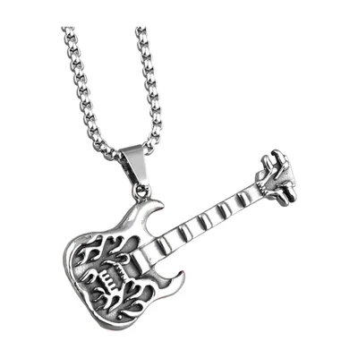 Collier Pendentif Guitare Électrique avec Flammes, Acier Inoxydable