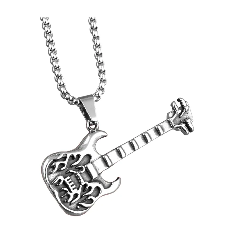 Collier Pendentif Guitare Électrique avec Flammes, Acier Inoxydable