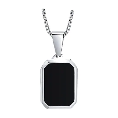 Collana con Pendente Rettangolare e Pietra Nera, Acciaio Inossidabile