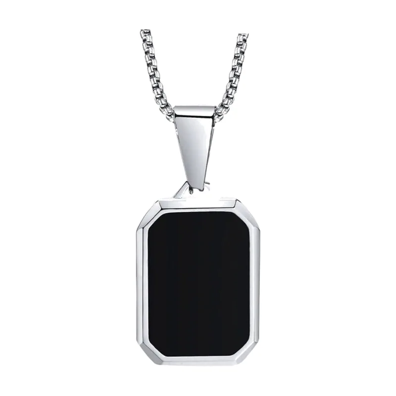 Collier avec Pendentif Rectangulaire et Pierre Noire, Acier Inoxydable