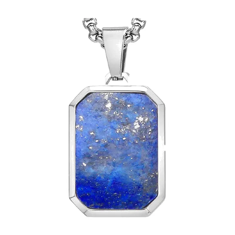 Geometric Rectangular Pendant Necklace with Blue Stone, Stainless Steel