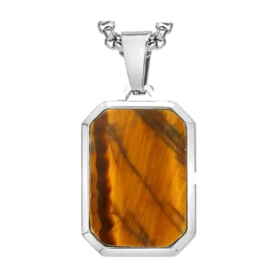 Collana con Pendente Rettangolare e Pietra Marrone, Acciaio Inossidabile