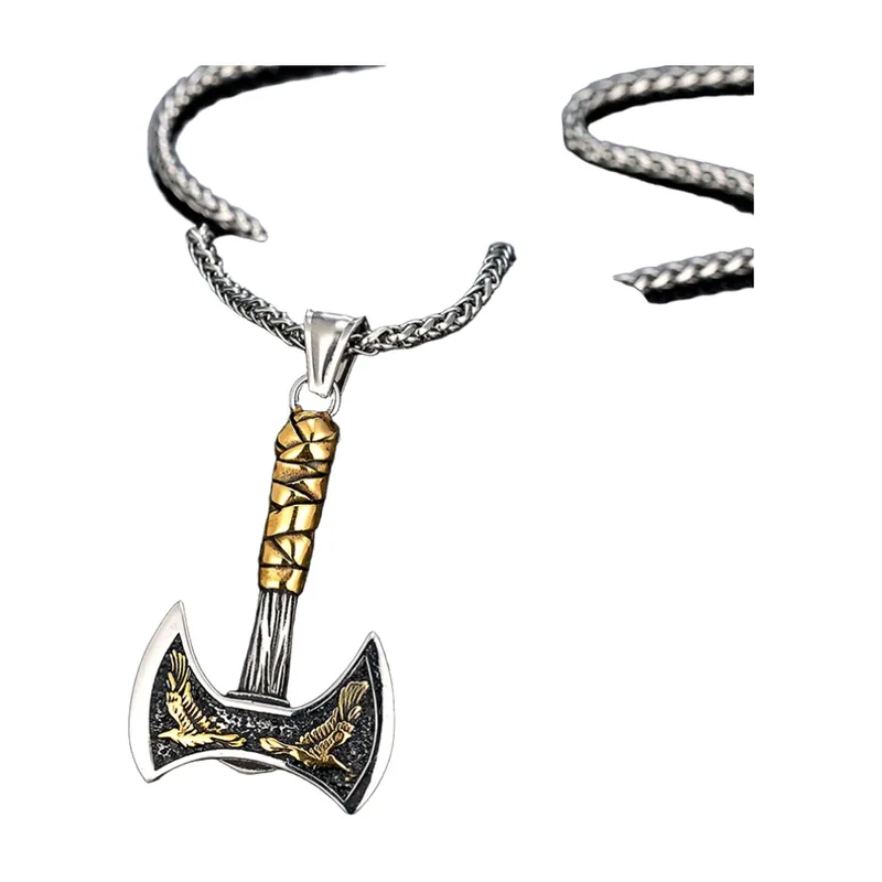 Collier Hache Viking à Double Tranchant et Corbeaux d'Odin, Acier Inoxydable