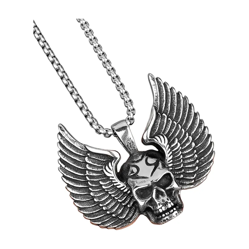 Collier avec pendentif tête de mort ailée, acier inoxydable