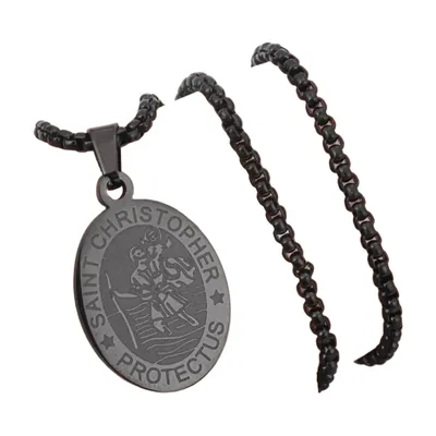 Saint Christopher Medal Pendant with Curb Chain, Stainless Steel