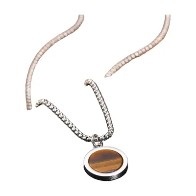 Round Tiger Eye Stone Pendant with Ball Chain, Stainless Steel