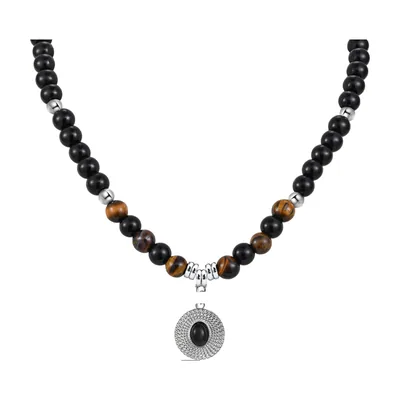 Collana con perle di Agata nera e Occhio di Tigre, Acciaio Inox