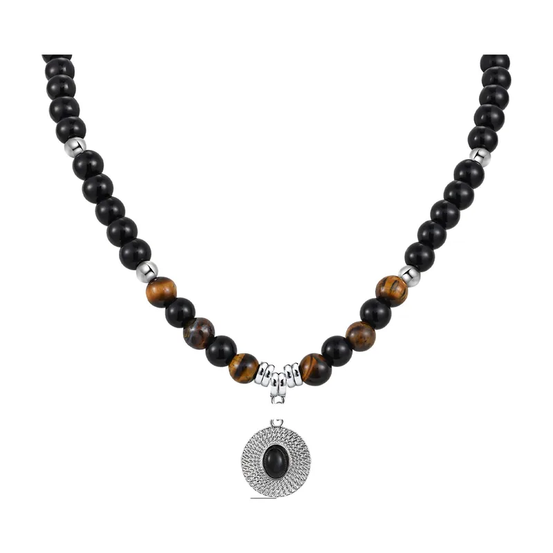 Collier en perles d'Agate noire et Œil de Tigre, Acier Inoxydable