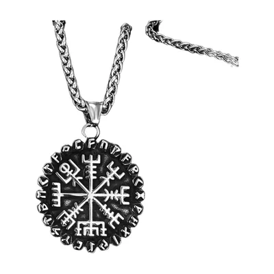 Vegvisir Wikinger Kompass Anhänger mit Runenkette, Edelstahl